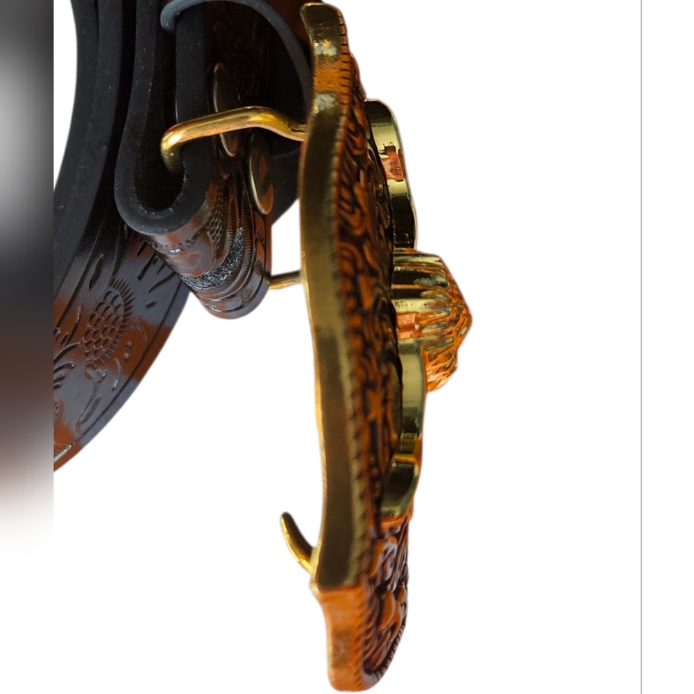 Triworks NEW Western Black Floral & Long Horn Embossed Unisex Belt w/Gold Buckle - Picture 4 of 8